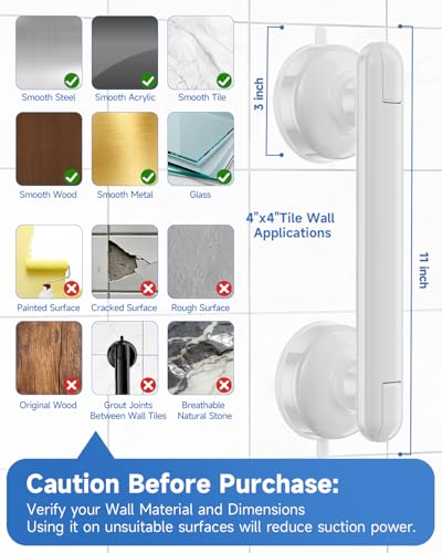 Suction Shower Handle, 2 Pack Grab Bars for Shower and Bathroom, Removable Safety Grip No Drilling & Waterproof, Heavy Duty Suction Cup Bath Handrails Grab Bars for Bathtubs, 11 inch - White - color: White