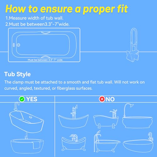 Bathtub Grab Bars for Seniors, Tub Handle Grab Bar for Elderly Bath Support, Bathtub Safety Rail, Assistance Bathtub Handle Clamp for Bathroom, 3.3"- 7" Width Adjustable, White