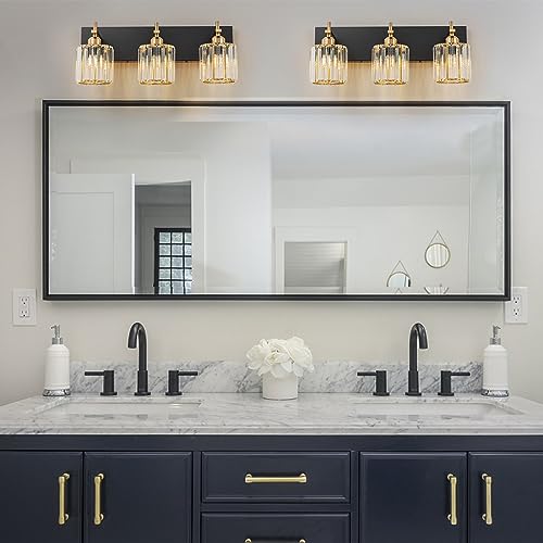 Modern Crystal Bathroom Vanity Lights, 3-Lights Black Gold Bathroom Light Fixtures Over Mirror, Crystal Vanity Light with Polished Gold Finish(Exclude Bulb) - color: Black Gold-Round Shade, size: 3-Light