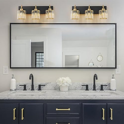 Modern Crystal Bathroom Vanity Lights, 3-Lights Black Gold Bathroom Light Fixtures Over Mirror, Crystal Vanity Light with Polished Gold Finish(Exclude Bulb) - color: Black Gold-Round Shade, size: 3-Light