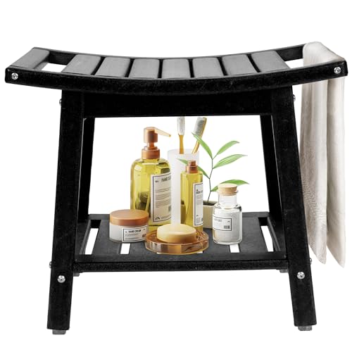 BRIOPAWS Shower-Bench-Seat-Waterproof | Black Shower Stool-for-Inside-Shower | HDPE Plastic | Bathroom-Benches w/Storage Shelf & Handles | Shaving Legs | Indoor Outdoor Use | 21.8 x 14 x 18.1 Inch - size: Black-L