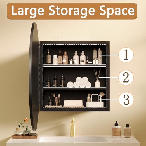 Black Medicine Cabinet Mirror, Wall Mounted Bathroom Vanity with Mirror, 20.47" Round Bathroom Medicine Cabinet with Storage Function, Removable Shelves, Metal, NO Assembly
