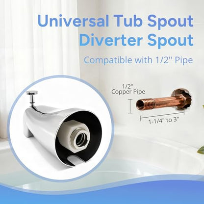Universal Slip Fit Bath Tub Spout with Diverter,Bathtub Faucet for 1/2" Copper Pipe, 1/2" IPS and 3/4" IPS Thread Connections, Bath Tub Faucet Replacement with Adapter,PTFE Tape,Hex Wrench (Chrome)
