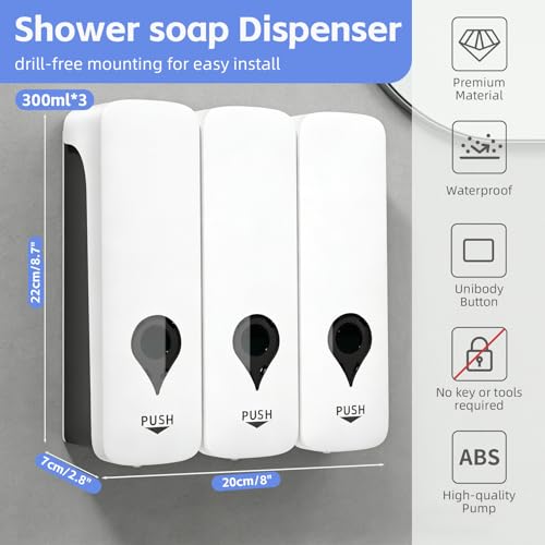 Shampoo and Conditioner Dispenser, 3 Chamber 3x300ml, Wall Mount, No Drill | Refillable Body Wash and Shower Soap Dispenser Set for Bathroom Hotel Kitchen Home - color: White 3-pack
