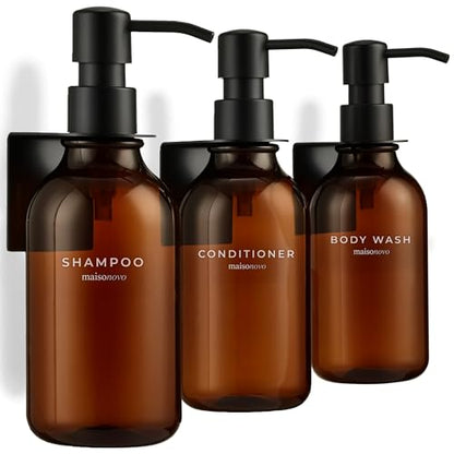 Shampoo and Conditioner Dispenser Wall Mounted Set of 3 Amber Black - No Drill Shower Soap Dispenser for Bathroom Refillable - Spa Hotel Style Accessories by MaisoNovo | No Drill Wall Mount - Shower Soap Dispenser · Holds Body Wash or Hand Soap · Wall Soa