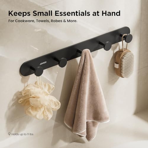JOMOO 2 Pack Adhesive Wall Hooks for Bathroom, Aluminum Towel Hooks with 5 Hooks Each, No Drill Shower Hooks Heavy Duty 11LBS, Matte Black Robe Hook Rack
