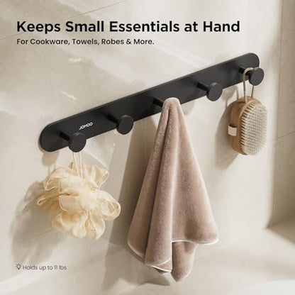 JOMOO 2 Pack Adhesive Wall Hooks for Bathroom, Aluminum Towel Hooks with 5 Hooks Each, No Drill Shower Hooks Heavy Duty 11LBS, Matte Black Robe Hook Rack
