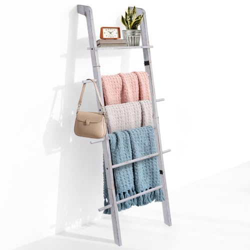 Blanket Ladder 67" Wide 6-Tier Wooden Farmhouse Rustic Towel Rack | Blanket Rack with Hooks, Quilt Ladder for Display, Blanket Ladders for the Living Room Bedroom, Home Decor, Easy Assembly - color: Vintage White