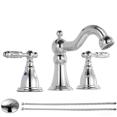 RKF Bathroom Faucets for Sink 3 Chrome 8 inch Widespread Bathroom Sink Faucet with Drain Double Lever Handle Faucet Bathroom Vanity Faucet Basin Mixer Tap WF013-C - color: Chrome