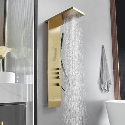 Shower Panel Tower System, Brushed Gold | Stainless Steel, Multifunction Shower Tower System, Bathroom Rainfall Shower Head Hand Shower and Large Area Body Spray - color: Gold, style: 3 IN 1 Shower Panel