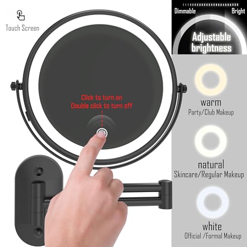 Ruacq Wall Mounted Makeup Mirror with 3 Lights, 1X/10X, Matte Black | Rechargeable Adjustable Brightness, Stainless Steel, Round, Gift for Mom, Women, Wife, Girls, Dorm Room Essential - color: Round Black