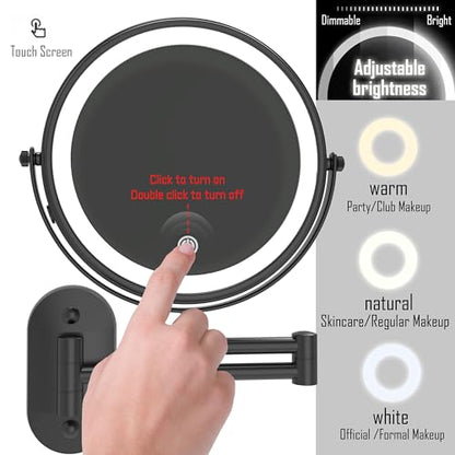 Ruacq Wall Mounted Makeup Mirror with 3 Lights, 1X/10X, Matte Black | Rechargeable Adjustable Brightness, Stainless Steel, Round, Gift for Mom, Women, Wife, Girls, Dorm Room Essential - color: Round Black
