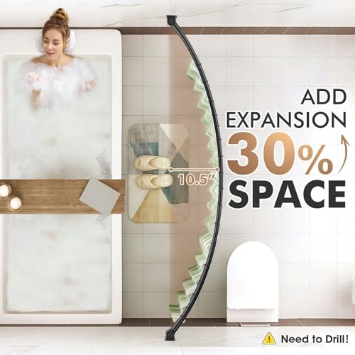 Curved Shower Curtain Rod for Bathroom, 40-72 Inches Adjustable Shower Rod | Rustproof Shower Curtain Rod with Rotating Brackets for Extra 30% Large Shower Space, 0.9MM thickness, Need to Drill, Black - color: Black