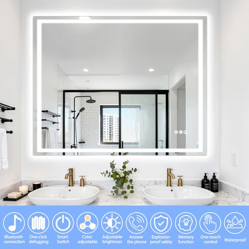 40" x 32" LED Bathroom Mirror with Anti-Fog & Touch Switch - Wall-Mounted Makeup Vanity Mirror, No Drilling Required, Smart Display (Square) - size: 39.4"L x 31.5"W