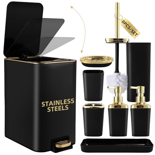 XLHOMO Black Bathroom Accessories 8 Piece Black and Gold Bathroom Set, Bathroom Accessories with Stainless Steel Bathroom Trash Can,Toilet Brush,Toothbrush Set,Soap Dispenser - size: Black, style: Bath Set