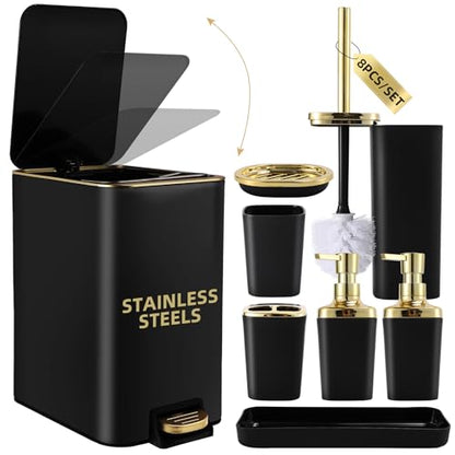 XLHOMO Black Bathroom Accessories 8 Piece Black and Gold Bathroom Set, Bathroom Accessories with Stainless Steel Bathroom Trash Can,Toilet Brush,Toothbrush Set,Soap Dispenser - size: Black, style: Bath Set
