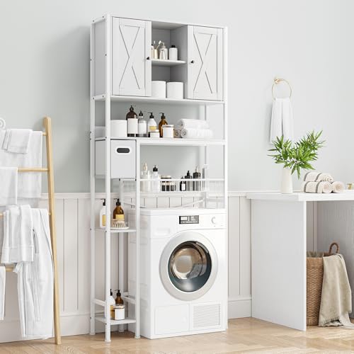 Space-Saving Over-The-Toilet Storage Cabinet with 2 Doors and Toilet Paper Holder – Freestanding Bathroom Organizer, Water-Resistant, Rustic White, Small Embossed Finish, Color: White - color: White