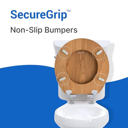 Wood Toilet Seat in Oak, Round, Soft Close | Magnetic Quick-Release for Easy Cleaning, Arch-Tite Never Loosens, Adjustable Fit - size: Round