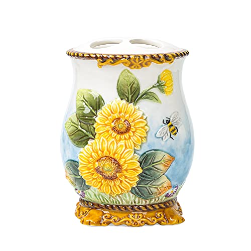 Ceramic Sunflower Bathroom Accessories Set, 4 Piece Bathroom Ensemble Set with Toothbrush Holder, Toothbrush Cup, Soap Dispenser, Soap Dish - color: Yellow