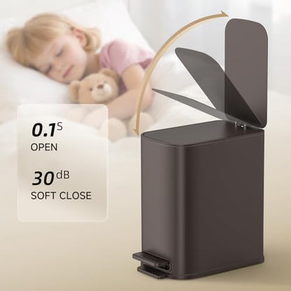 TIPGO Small Bathroom Trash Can with Lid Soft Close, Step Pedal, 1.3 Gallon / 5 Liter Stainless Steel Slim Garbage Can for Office, Diaper Waste Basket with Removable Inner Bucket (Brown) - color: Brown
