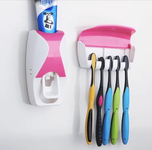 ABBEYLINK Automatic Toothpaste Dispenser with 5-Slot Toothbrush Holder, Wall Mounted Bathroom Storage Rack Set, Plastic