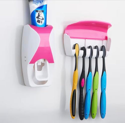 ABBEYLINK Automatic Toothpaste Dispenser with 5-Slot Toothbrush Holder, Wall Mounted Bathroom Storage Rack Set, Plastic