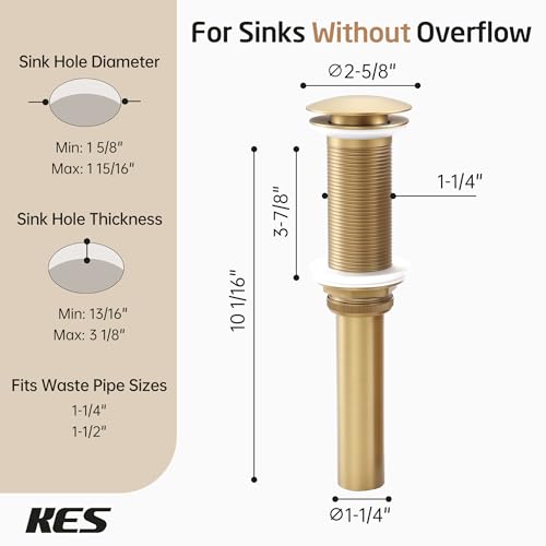 KES Brushed Gold Bathroom Pop Up Drain with Extended Thread, No Overflow | All-Metal Brass & Stainless Steel, Fits 1.6-1.9 In Sink Hole, Up To 3.94 In Thick Countertops, Easy Install - color: Brushed Gold, style: NO Overflow, Long Thread