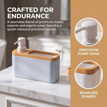 RQYIXI 2-in-1 Ceramic Soap Dispenser with Sponge Holder, White, 17 Oz | natural acacia wood accent rectangular modern kitchen sink organizer caddy pump countertop farmhouse - color: White Square
