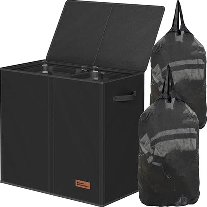 Simple Houseware Double Laundry Hamper with Lid & Removable Bags, Black | Heavy Duty 600D Polyester, Water-Resistant Surface - color: Black