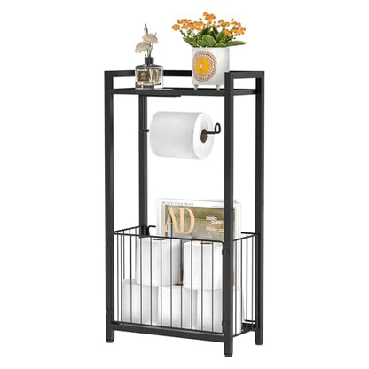 Freestanding Toilet Paper Holder with Storage Shelf | Bathroom Tissue Stand with Space for Phone, Tablet, and Magazines – All-in-One Toilet Roll Dispenser and Organizer - size: Standard