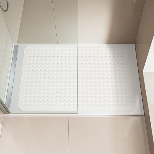 OTHWAY Extra Large Shower Mat 47"x 32", TPE Non Slip Shower Mat for Shower Stall, Inside Walk in Shower Mats with Drain Holes Suction Cups, Anti-Slip for Elderly (White) - color: White