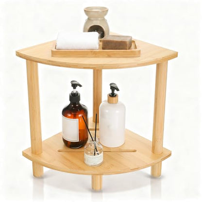 Bamboo Corner Shower Stool, 2-Tier Waterproof Shower Foot Rest with Storage Shelf, Showers Feet Stool for Shaving Legs & Small Spaces, Bath Seat for Women, Mom