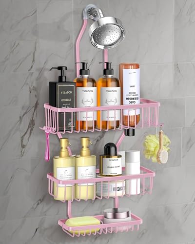 Pink Shower Caddy for Bathroom - Never Rust Hanging Shower Organizer with Soap Basket and Hooks - Large Capacity 3 Tier Aluminum Over The Showerhead Caddy - color: Pink
