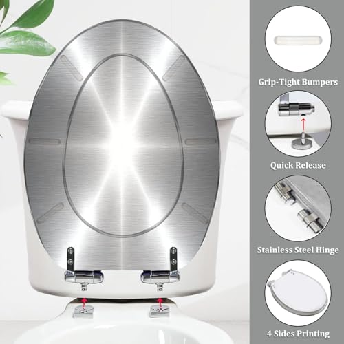Elongated Toilet Seat Silver Brushed metal Resin Toilet Seat Quietly Close Quick Release Hinges with Cover Bumpers Decorative Easy to Install Clean