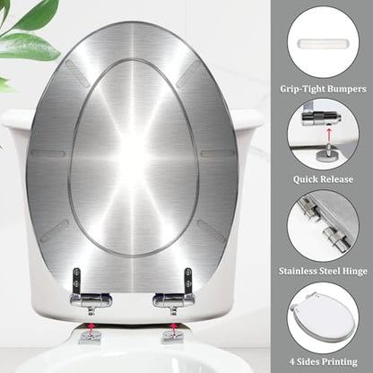 Elongated Toilet Seat Silver Brushed metal Resin Toilet Seat Quietly Close Quick Release Hinges with Cover Bumpers Decorative Easy to Install Clean
