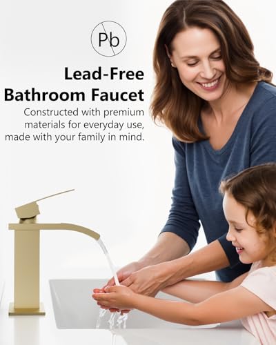 Brushed Gold Waterfall Bathroom Faucet 1-Handle Vanity Faucet | Stainless Steel Modern Bathroom Sink Faucet,Pop-Up Drain, Supply Lines 6-in Deck Plate, 1- or 3-Hole, NSF Certified - color: Light Gold