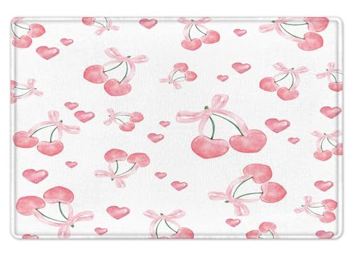 HVEST Pink Bow Bath Mat for Bathroom, Watercolor Cherry Pattern Non-Slip Bathroom Mat, Girly Room Bathroom Decor, Shower Mats, Quick-Drying Toilet Rug, 23X15 Inches - color: Light Pink