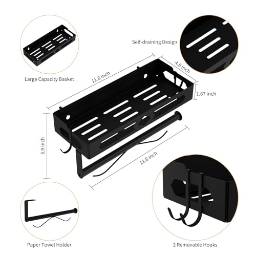 Wall Mount Paper Towel Holder with Shelf, Self Adhesive or Drill, Black | Easy One-handed Operation Design, Metal Hand Paper Towel Holder for bathroom, Kitchen, RV Paper Roll Holder Rack with 2 Hooks - color: Black