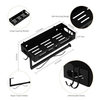 Wall Mount Paper Towel Holder with Shelf, Self Adhesive or Drill, Black | Easy One-handed Operation Design, Metal Hand Paper Towel Holder for bathroom, Kitchen, RV Paper Roll Holder Rack with 2 Hooks - color: Black