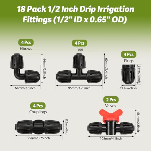 18 Pack 1/2 Inch Drip Irrigation Fittings Kit (1/2" ID x 0.6-0.65" OD), 1/2'' Dripline Barbed Connectors with Anti-Drop Lock Nuts - 4 Tees, 4 Couplings, 4 Ends, 4 Elbows, 2 Valves - size: 1/2" Nut Fitting Kit-18P