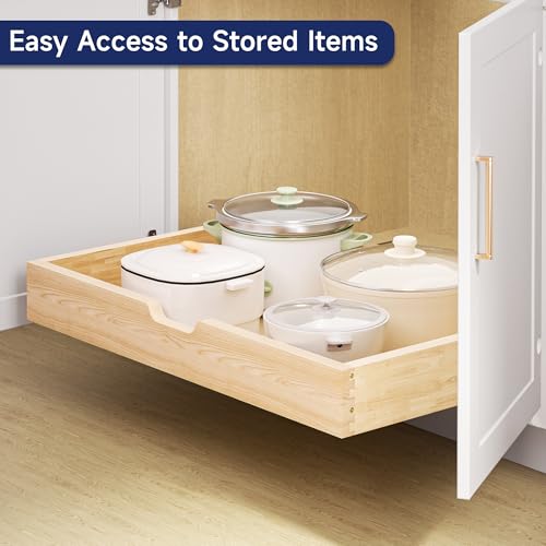 Pull Out Cabinet Organizer, 31.5 in W x 21 in D Solid Wood Slide Out Drawer, Soft Close Sliding Shelf, Bottom or Side Mount for Kitchen Pantry Bathroom, Fits 32.5 in Cabinet Opening - size: 31½” W × 4"H x 21” D