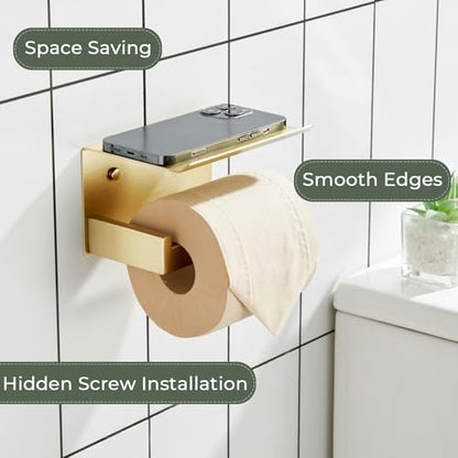 KOKOSIRI Toilet Paper Holder with Shelf Toilet Roll Holder for Bathroom Restroom T-304 Stainless Steel Wall Mounted, Gold Finish, B2010BG - color: Brushed Gold, size: With Shelf(1 Pack)