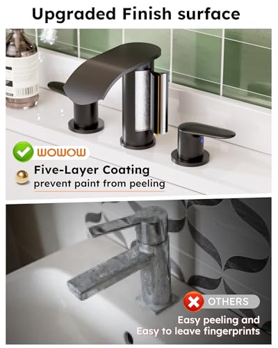 WOWOW Waterfall Bathroom Faucet 3 Hole: 8 Inch Widespread Bathroom Sink Faucet, Matte Black Bathroom Faucet Two Handles Lavatory Vanity Sink Faucets with Pop-up Drain & Supply Hoses - color: Matte Black