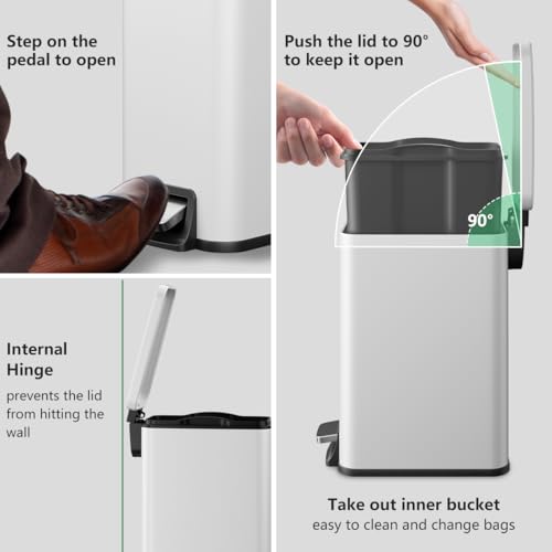 Slim Bathroom Trash Can with Lid Soft Close, 1.6 Gallon Stainless Steel Garbage Can with Removable Inner Bucket, Durable Step Pedal, Small Trash Bins for Toilet, Bedroom, Kitchen, Office - color: White, size: 1.6 Gallon