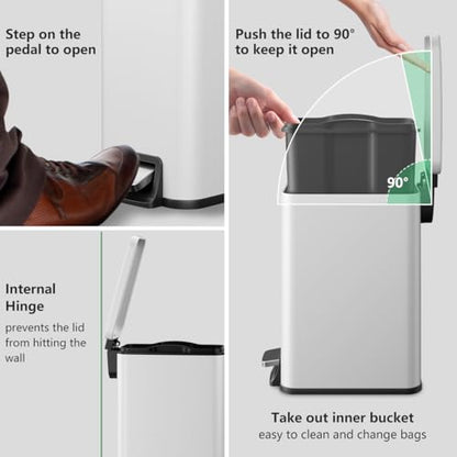 Slim Bathroom Trash Can with Lid Soft Close, 1.6 Gallon Stainless Steel Garbage Can with Removable Inner Bucket, Durable Step Pedal, Small Trash Bins for Toilet, Bedroom, Kitchen, Office - color: White, size: 1.6 Gallon