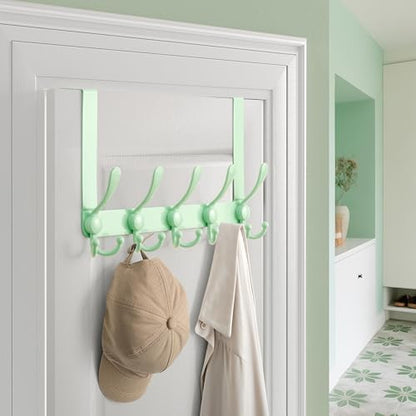 Over Door Hook 2.0 - Upgraded Version - Simple-Assembly, Strong, Heavy-Duty Stainless Steel 5-Tri-Hook Over The Door Hanger Rack, SimpleStrong Series, Green, Pack of 2 - color: Green