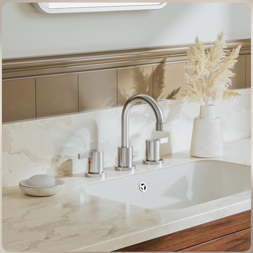 Widespread 8 Inch Lead-Free Brushed Nickel Stain-Resistant Bathroom Faucet(Stainless Steel), 2 Handle 3 Hole Swivel Spout RV Bathroom Vanity Sink Faucet with Metal Drain & Supply line, BF03042-K01-GBN - color: ‎Brushed Nickel - 8 IN
