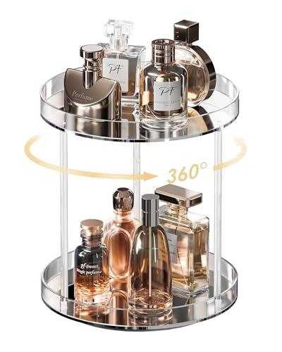 Lolalet 360 Degree Rotating Acrylic Perfume Organizer Stand, 2 Tiers Clear Perfumes Holder Display Rack, Makeup Skincare Organization for Vanity Bathroom Countertop -Medium, Clear - size: Medium