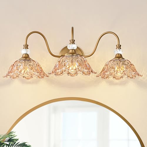 Vintage Bathroom Vanity Light, 3-Light Matte Deep Brass Finish Vanity Light with Flower-Shaped Amber Glass Shades, Retro Wall Sconce for Bathroom - color: Deep Brass and Amber, size: 3-Light
