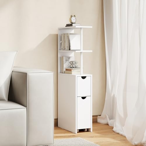 Giantex Slim Storage Cabinet, Narrow Freestanding Bathroom Organizer with Open Shelves, Pull-Out Drawer and Slide-Out Cart, Space-Saving Wooden Floor Cabinet for Entryway, Living Room and Kitchen